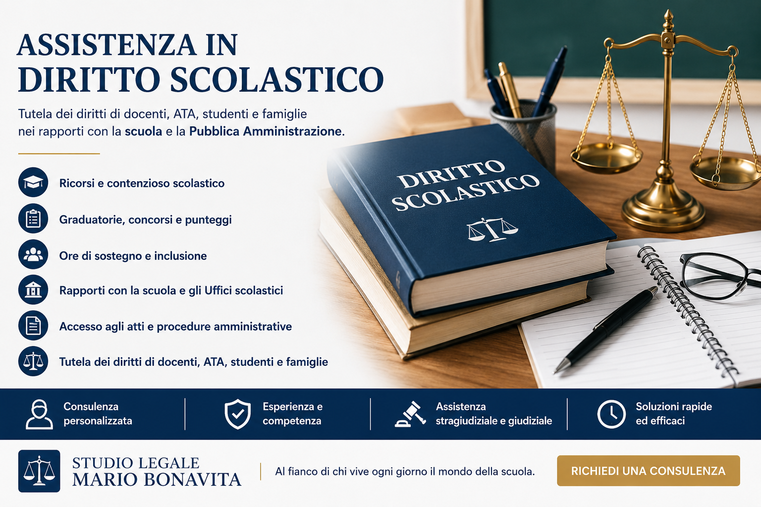 Assistenza in diritto scolastico graduatorie concorsi sostegno docenti ATA famiglie