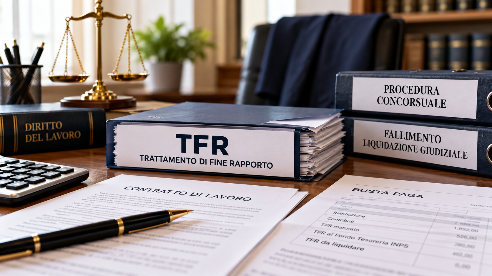 Documenti TFR, contratto di lavoro e busta paga sulla scrivania di uno studio legale